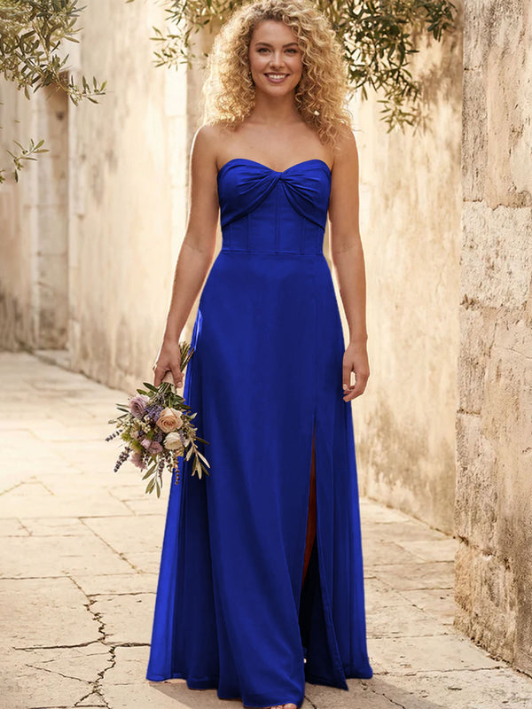 Chiffon Strapless Long Bridesmaid Dresses with Slit