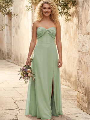 Chiffon Strapless Long Bridesmaid Dresses with Slit
