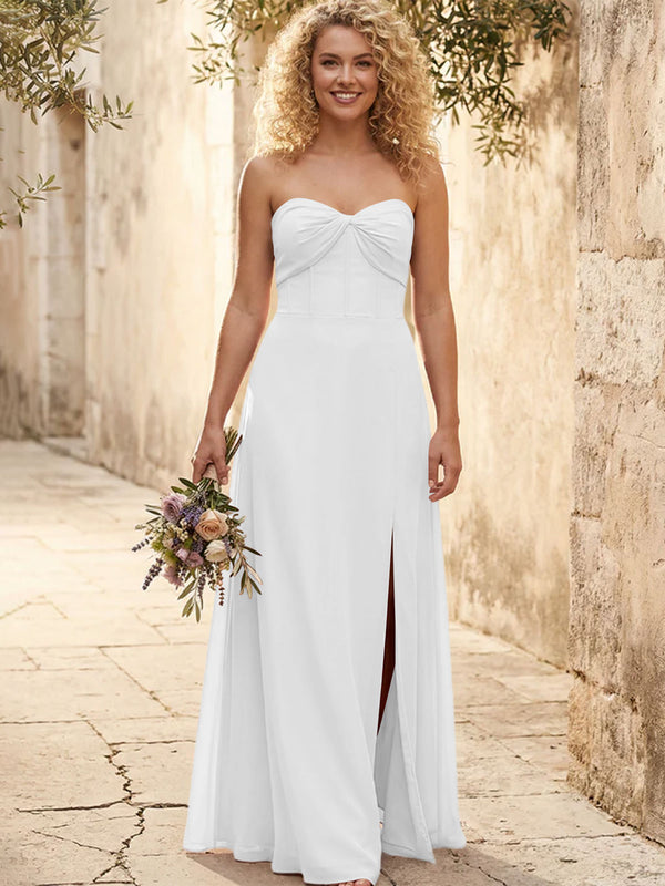 Chiffon Strapless Long Bridesmaid Dresses with Slit