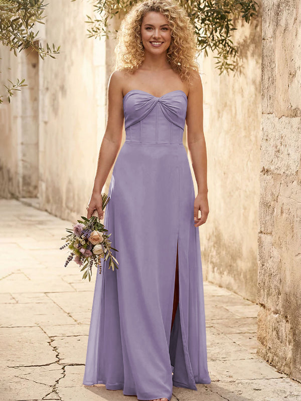 Chiffon Strapless Long Bridesmaid Dresses with Slit