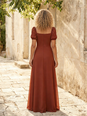 Chiffon Square Neck Long Bridesmaid Dresses with Sleeves