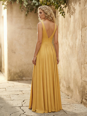 Satin Deep V Neck Bridesmaid Dresses with Slit