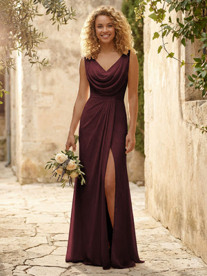 Cowl Neck Chiffon A Line Bridesmaid Dresses with Slit