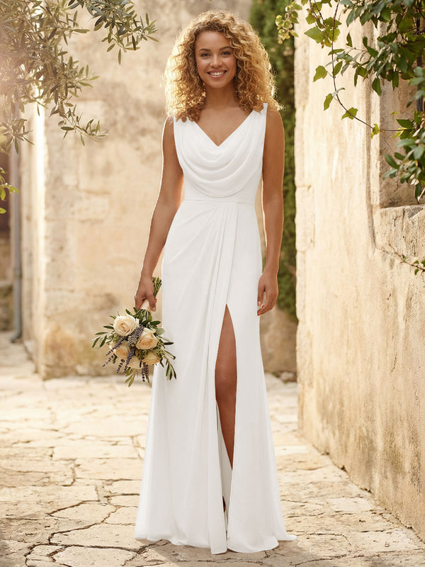 Cowl Neck Chiffon A Line Bridesmaid Dresses with Slit