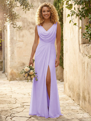 Cowl Neck Chiffon A Line Bridesmaid Dresses with Slit