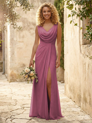 Cowl Neck Chiffon A Line Bridesmaid Dresses with Slit