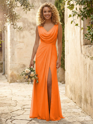 Cowl Neck Chiffon A Line Bridesmaid Dresses with Slit