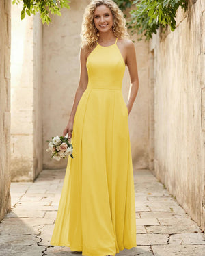 Halter Chiffon A Line Long Bridesmaid Dresses