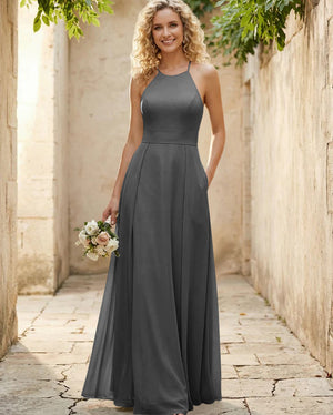 Halter Chiffon A Line Long Bridesmaid Dresses