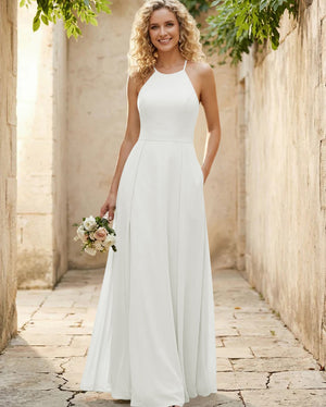 Halter Chiffon A Line Long Bridesmaid Dresses