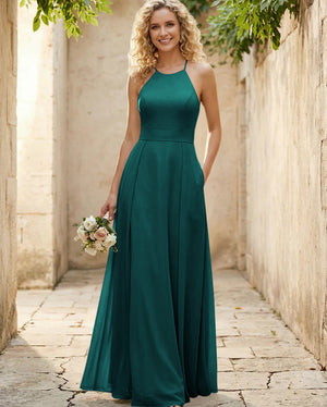 Halter Chiffon A Line Long Bridesmaid Dresses
