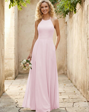Halter Chiffon A Line Long Bridesmaid Dresses
