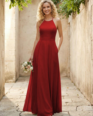 Halter Chiffon A Line Long Bridesmaid Dresses