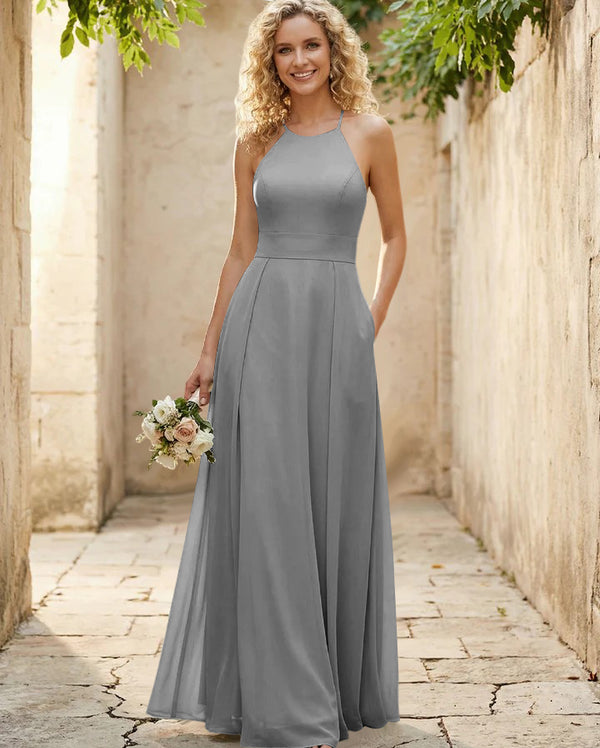 Halter Chiffon A Line Long Bridesmaid Dresses