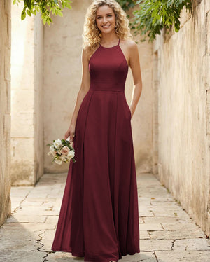 Halter Chiffon A Line Long Bridesmaid Dresses