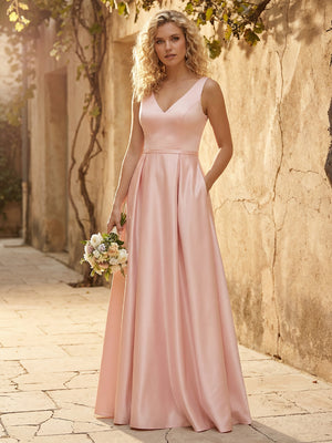 Satin V Neck A Line Long Bridesmaid Dresses with Pockets