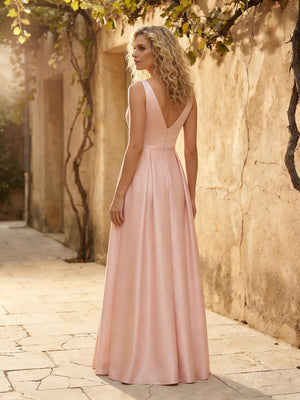 Satin V Neck A Line Long Bridesmaid Dresses with Pockets