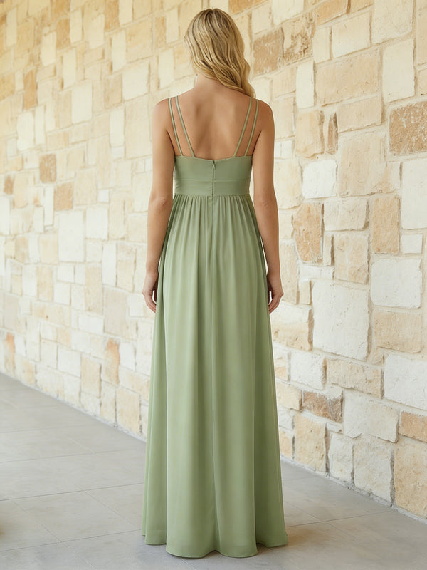 Spaghetti Straps Chiffon V Neck Maxi Dresses with Pleats