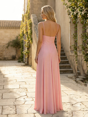 Satin Spaghetti Straps A Line V Neck Bridesmaid Dresses