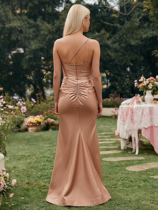 Satin Mermaid One Shoulder Long Bridesmaid Dresses