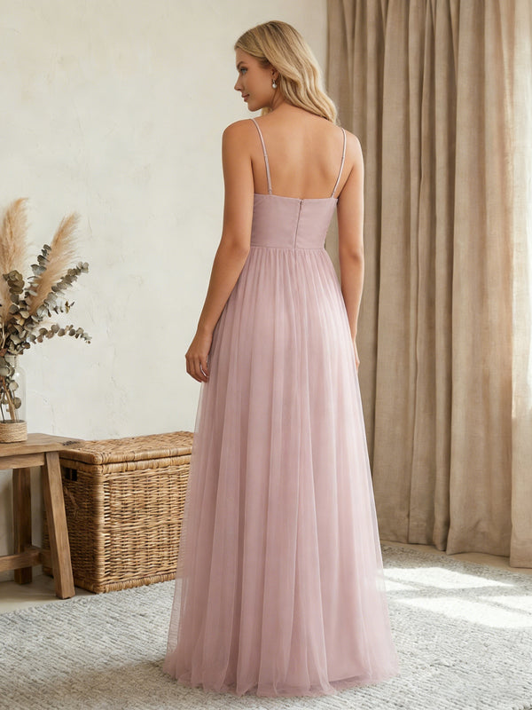 Tulle Spaghetti Straps A Line Maxi Bridesmaid Dresses with Backless Design