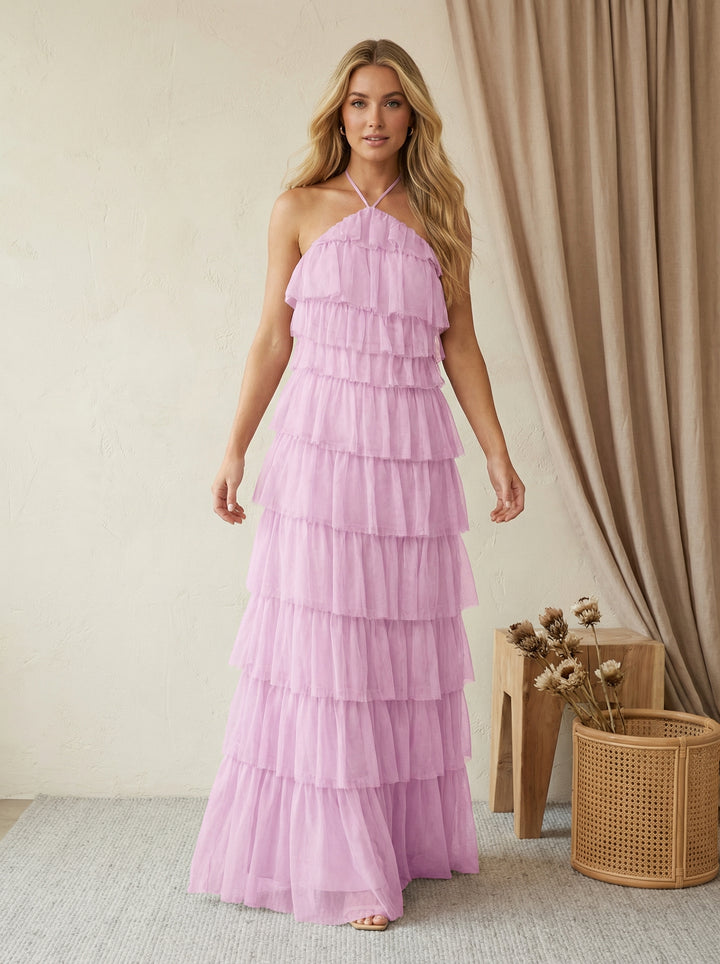 Tulle Halter A Line Maxi Formal Dresses with Tiered