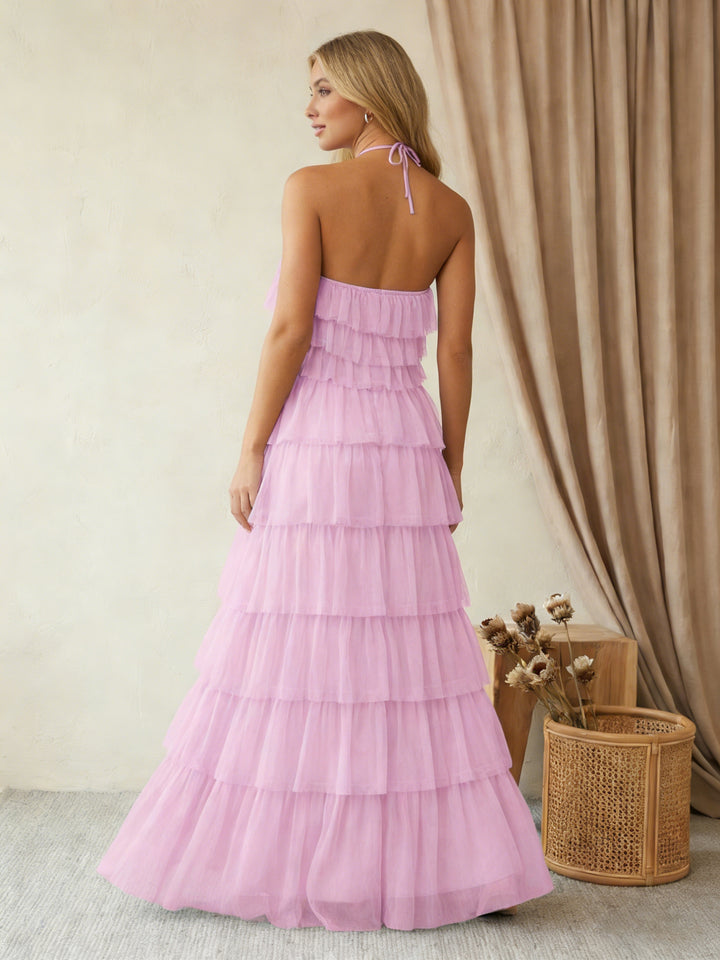 Tulle Halter A Line Maxi Formal Dresses with Tiered