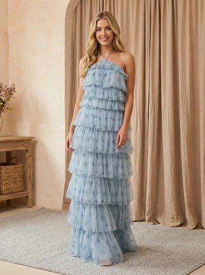 Tulle Halter Floral A Line Maxi Bridesmaid Dresses with Tiered