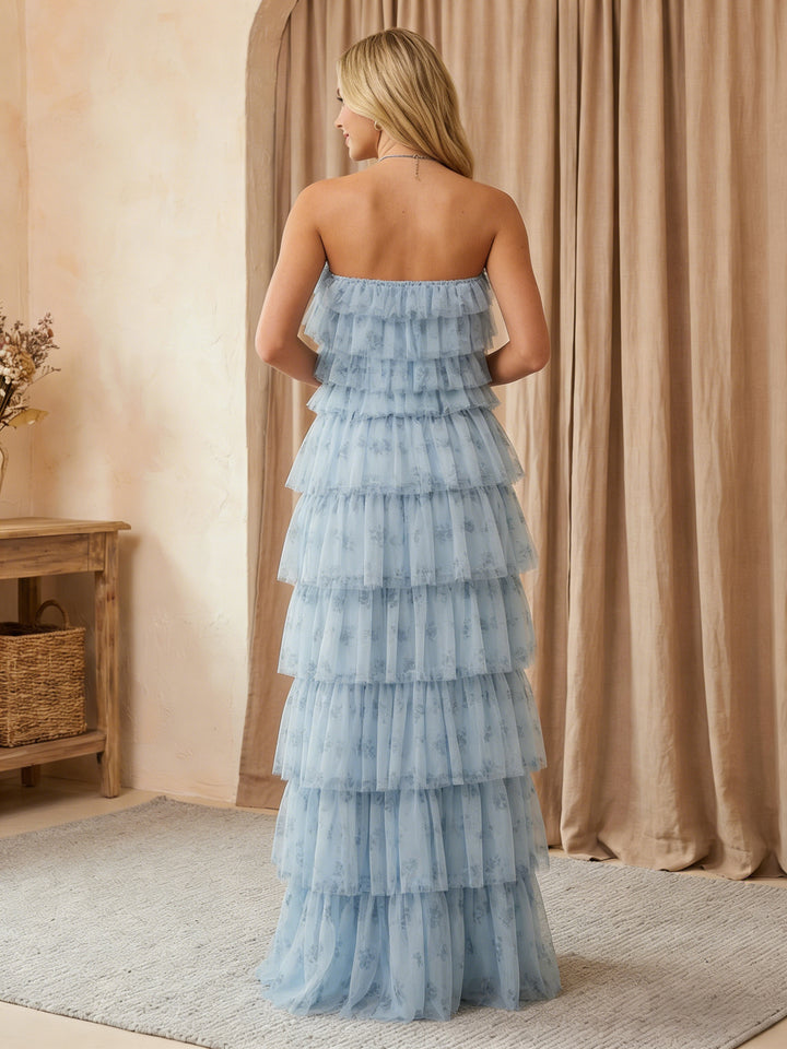 Tulle Halter Floral A Line Maxi Formal Dresses with Tiered