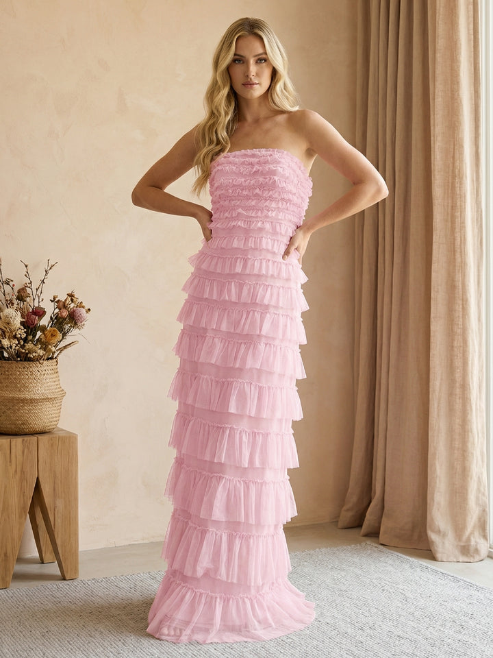 Tulle Strapless Mermaid Maxi Wedding Guest Dresses with Tiered