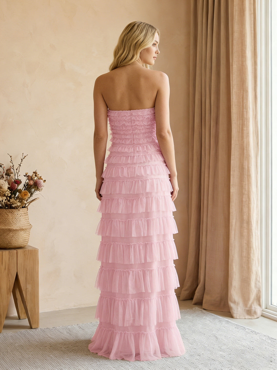 Tulle Strapless Mermaid Maxi Wedding Guest Dresses with Tiered