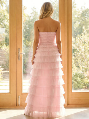 Tulle Mermaid Strapless Maxi Bridesmaid Dresses with Tiered