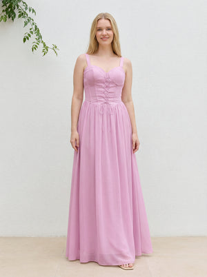 Chiffon A Line Spaghetti Straps Maxi Bridesmaid Dresses with Back Tie