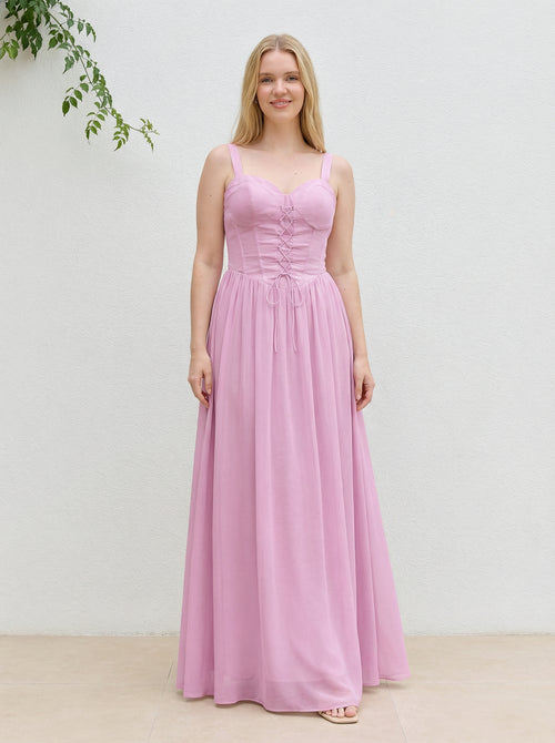 Chiffon A Line Spaghetti Straps Maxi Bridesmaid Dresses with Back Tie