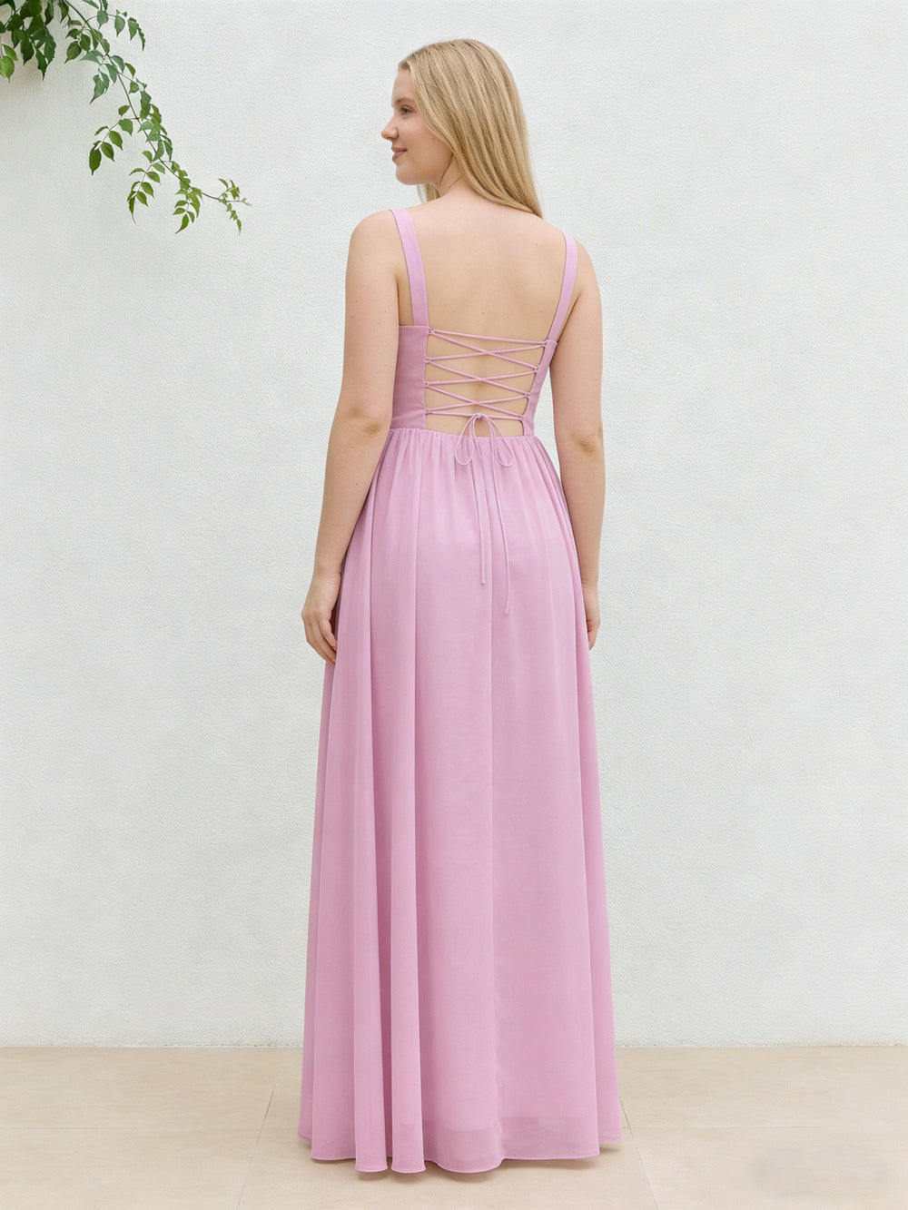 Chiffon A Line Spaghetti Straps Maxi Bridesmaid Dresses with Back Tie
