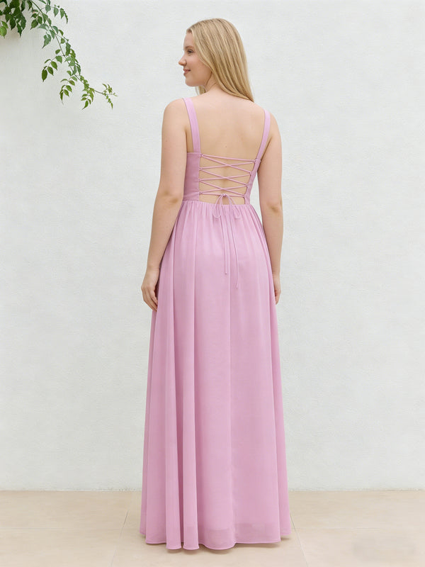 Chiffon A Line Spaghetti Straps Maxi Bridesmaid Dresses with Back Tie