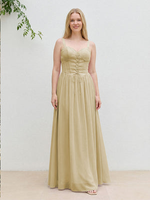 Chiffon A Line Spaghetti Straps Maxi Bridesmaid Dresses with Back Tie