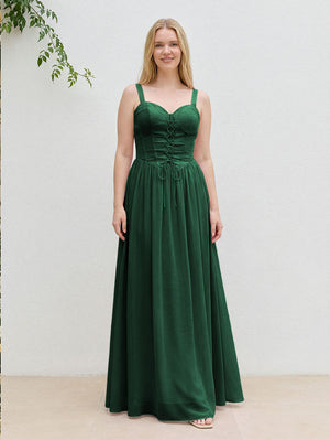 Chiffon A Line Spaghetti Straps Maxi Bridesmaid Dresses with Back Tie