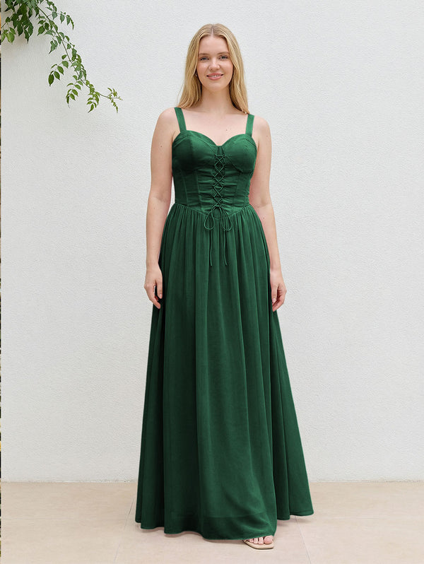Chiffon A Line Spaghetti Straps Maxi Bridesmaid Dresses with Back Tie