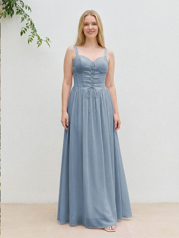 Chiffon A Line Spaghetti Straps Maxi Bridesmaid Dresses with Back Tie