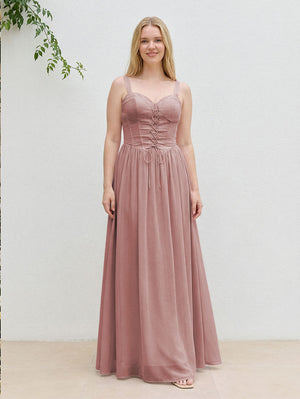 Chiffon A Line Spaghetti Straps Maxi Bridesmaid Dresses with Back Tie