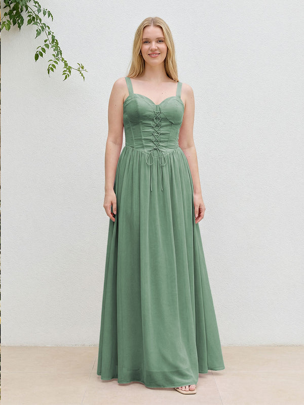 Chiffon A Line Spaghetti Straps Maxi Bridesmaid Dresses with Back Tie