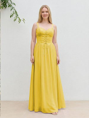 Chiffon A Line Spaghetti Straps Maxi Bridesmaid Dresses with Back Tie