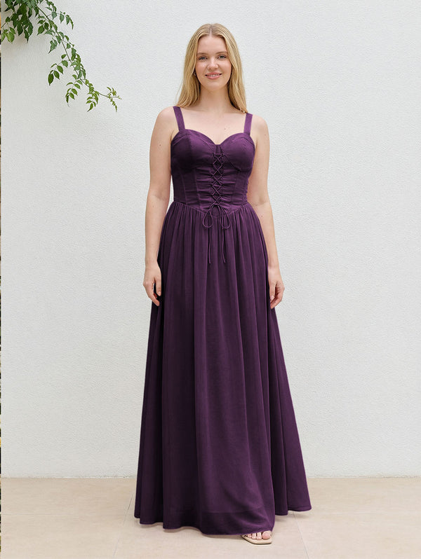 Chiffon A Line Spaghetti Straps Maxi Bridesmaid Dresses with Back Tie