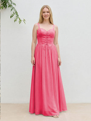Chiffon A Line Spaghetti Straps Maxi Bridesmaid Dresses with Back Tie