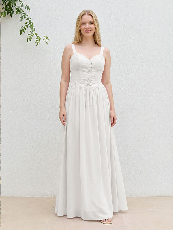 Chiffon A Line Spaghetti Straps Maxi Bridesmaid Dresses with Back Tie