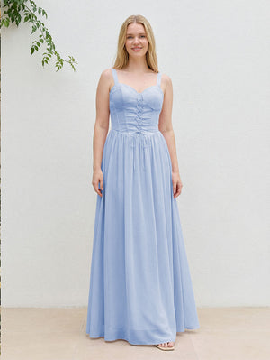 Chiffon A Line Spaghetti Straps Maxi Bridesmaid Dresses with Back Tie