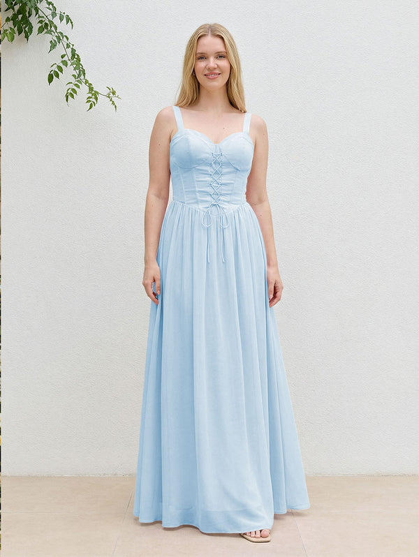 Chiffon A Line Spaghetti Straps Maxi Bridesmaid Dresses with Back Tie
