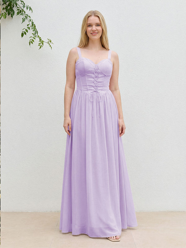 Chiffon A Line Spaghetti Straps Maxi Bridesmaid Dresses with Back Tie