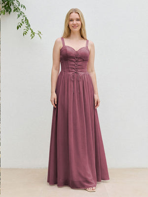 Chiffon A Line Spaghetti Straps Maxi Bridesmaid Dresses with Back Tie
